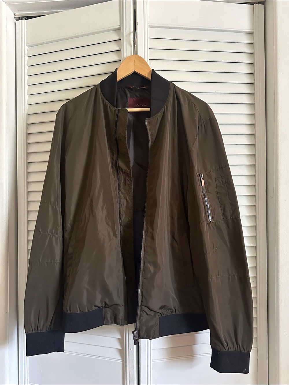 Zara Brown Olive Bomber Jacket with Black Rib Details